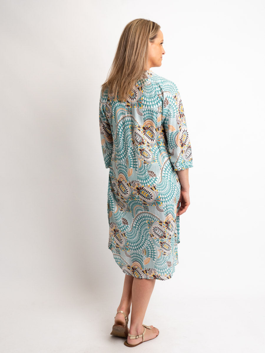 Knee-length Pleated Dress with Subtle Frills and 3/4 Raglan Sleeve in Aqua Geo