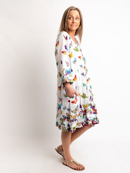 Round Neck Knee-length Dress in White Butterfly Print