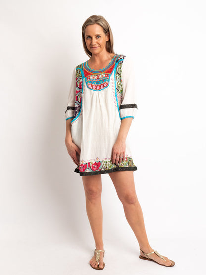 Embroidered Tunic Top in Moss Cotton and Cotton Silk