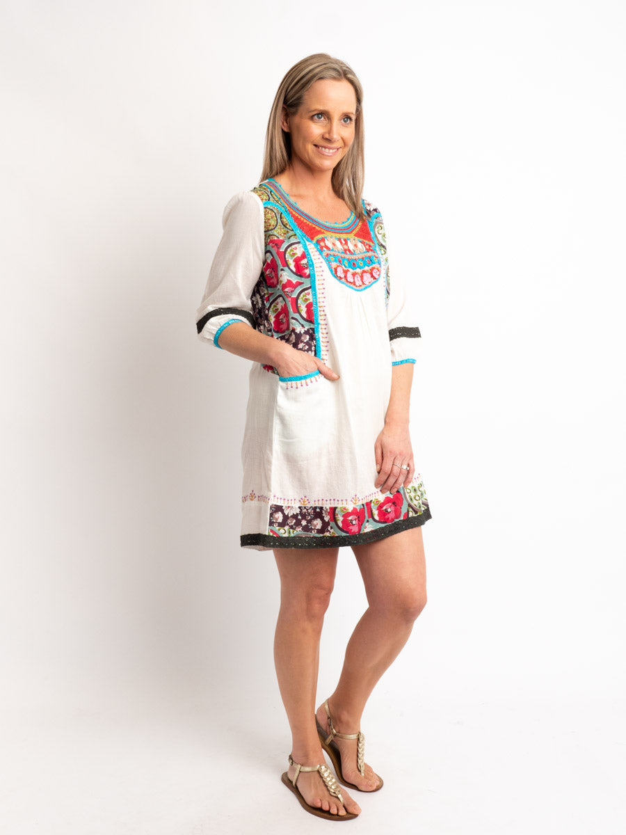 Embroidered Tunic Top in Moss Cotton and Cotton Silk