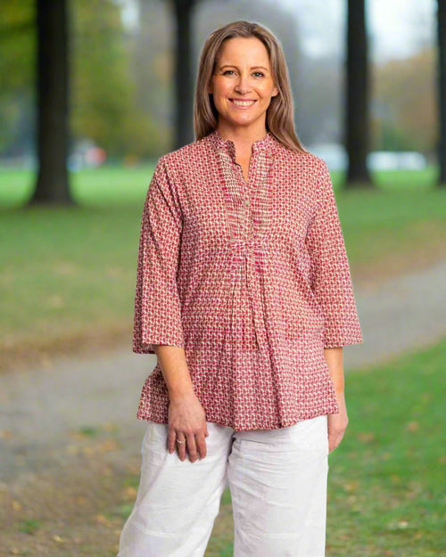 Sleeved and Pleated Summer Top in Ecru Pink