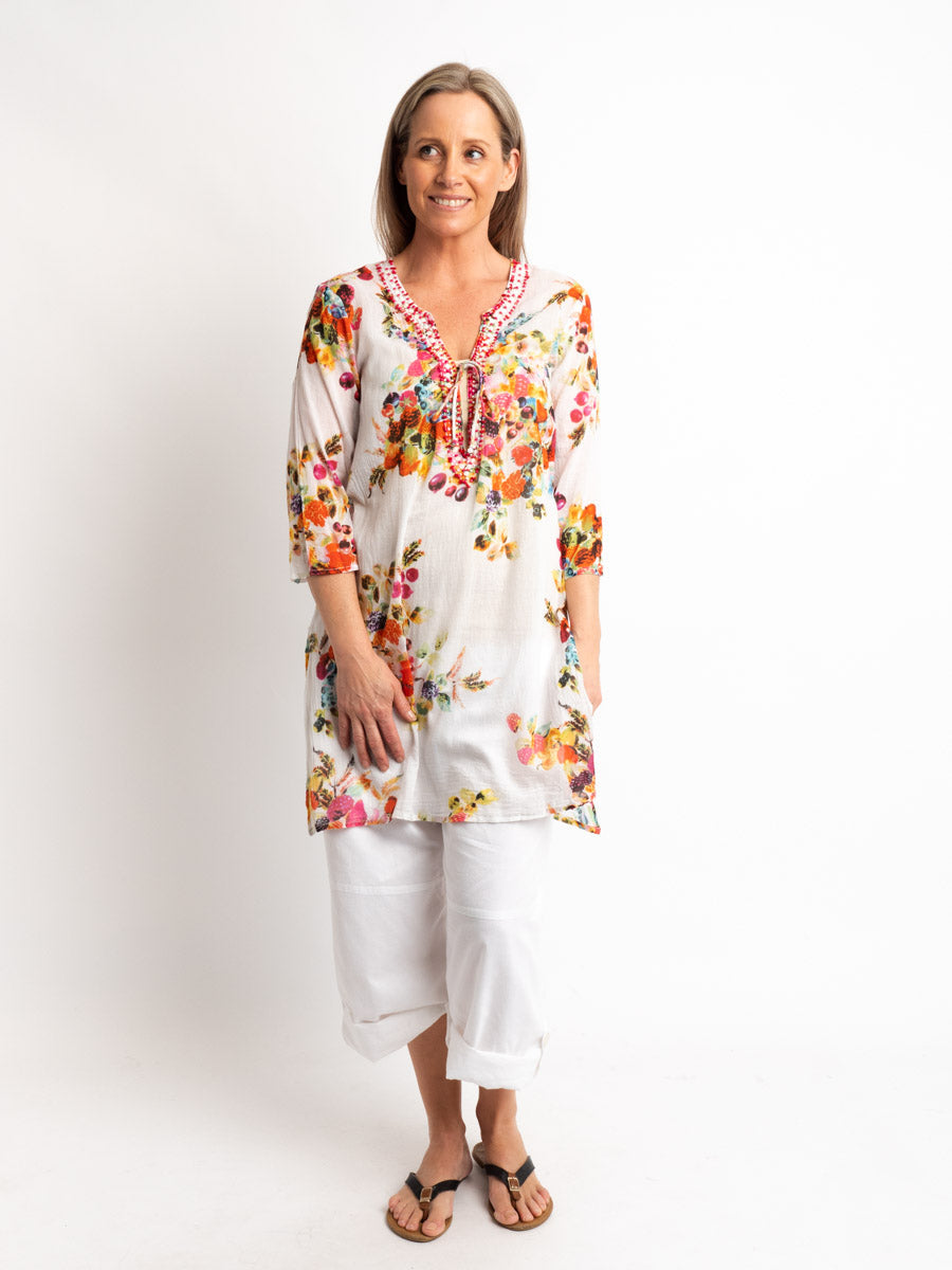 Beaded Long Top with Tie in Fruit Salad Print