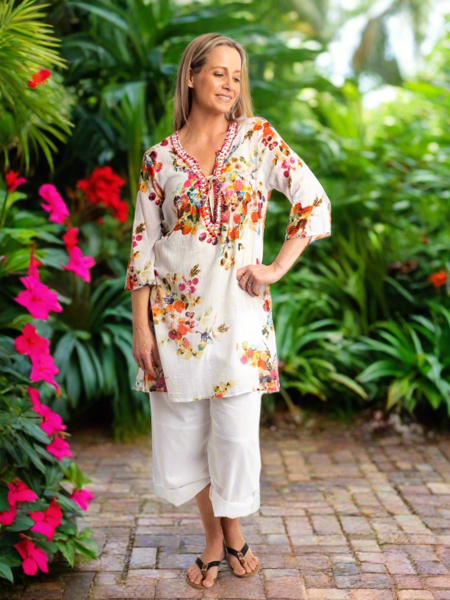 Beaded Long Top with Tie in Fruit Salad Print