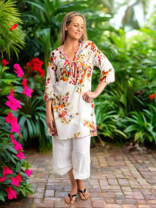 Beaded Long Top with Tie in Fruit Salad Print