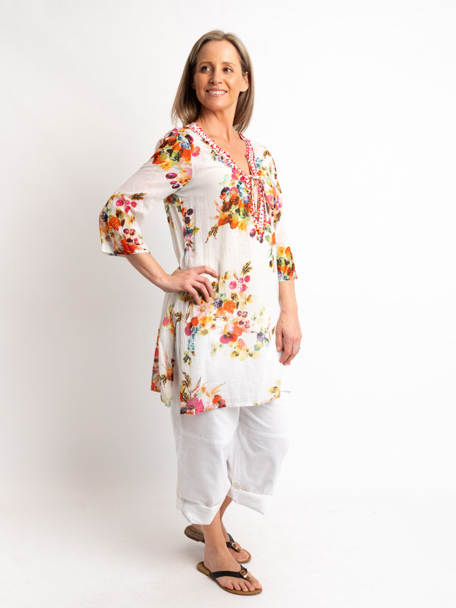 Beaded Long Top with Tie in Fruit Salad Print