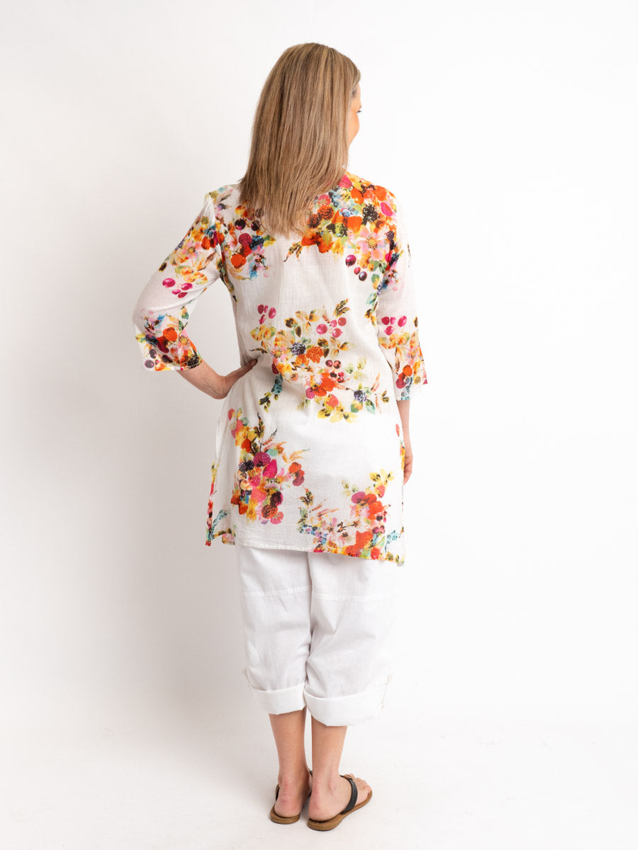 Beaded Long Top with Tie in Fruit Salad Print