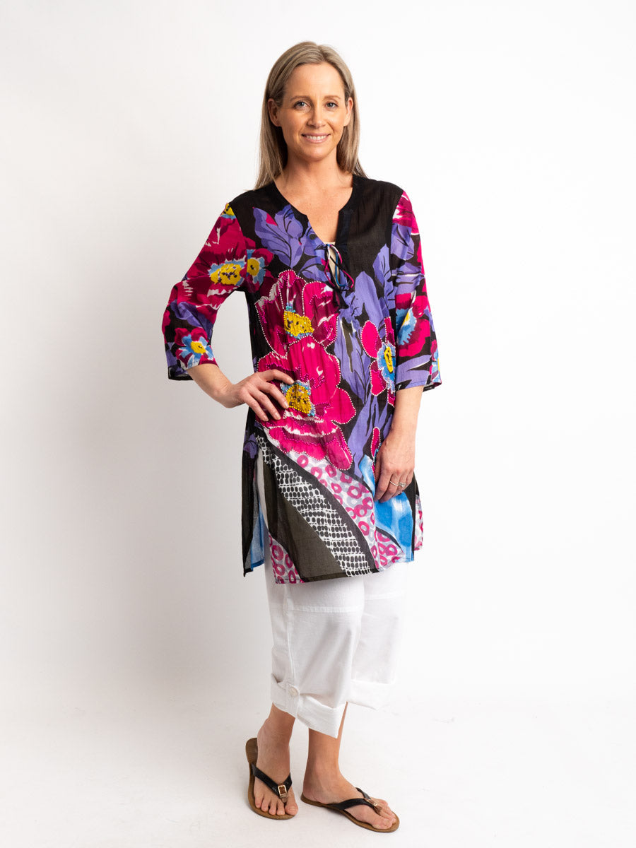 Long Top with Beaded Floral Motifs