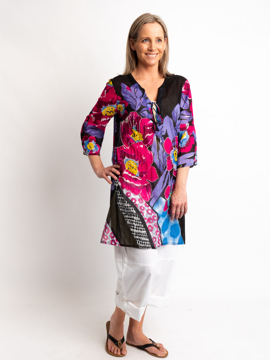 Long Top with Beaded Floral Motifs