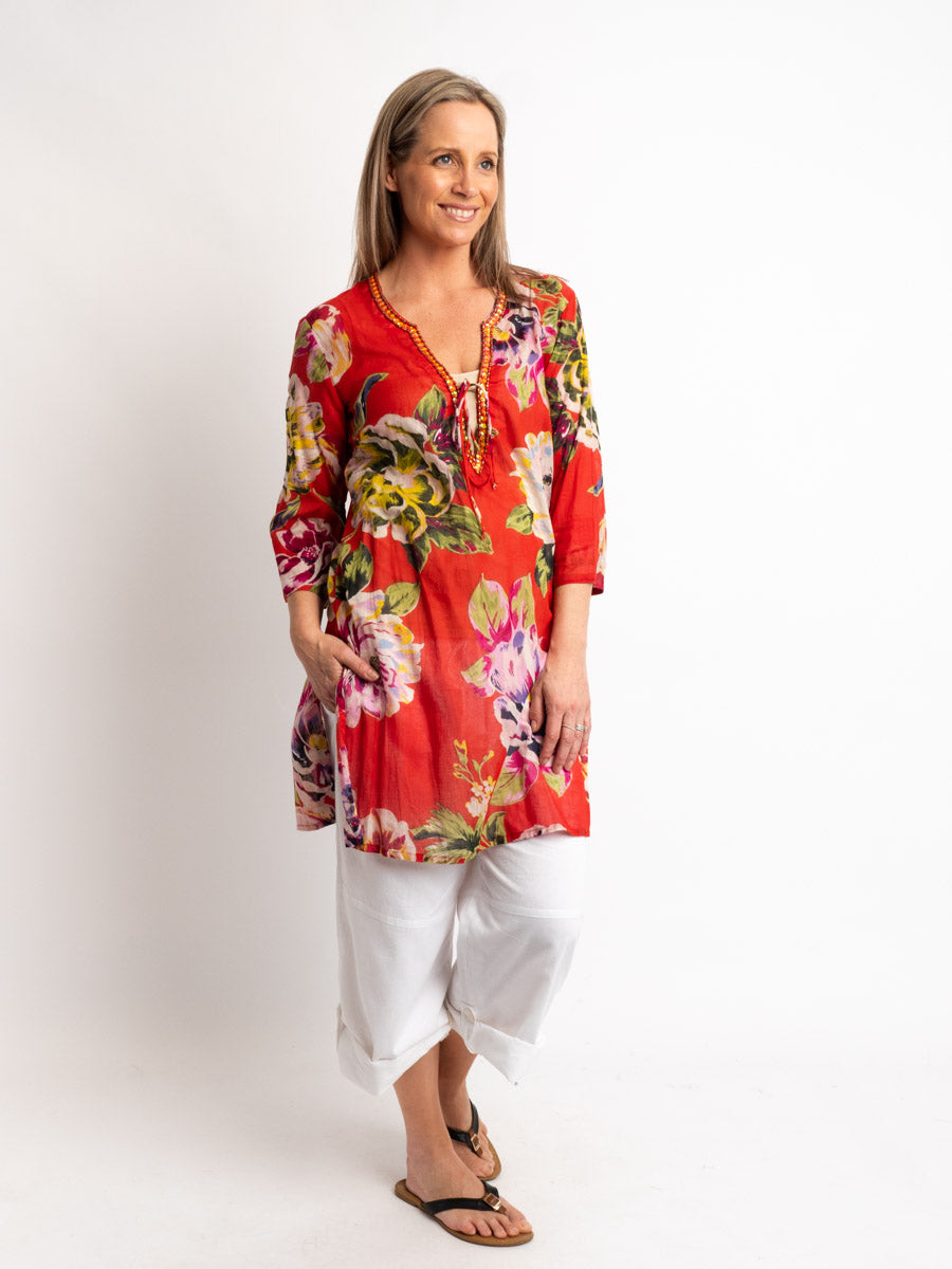 Beaded Long Top with Tie in Red Orange Print