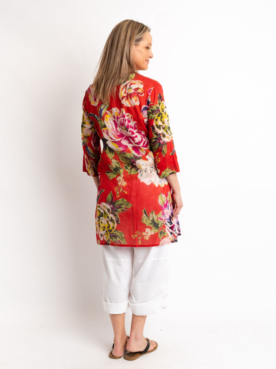 Beaded Long Top with Tie in Red Orange Print