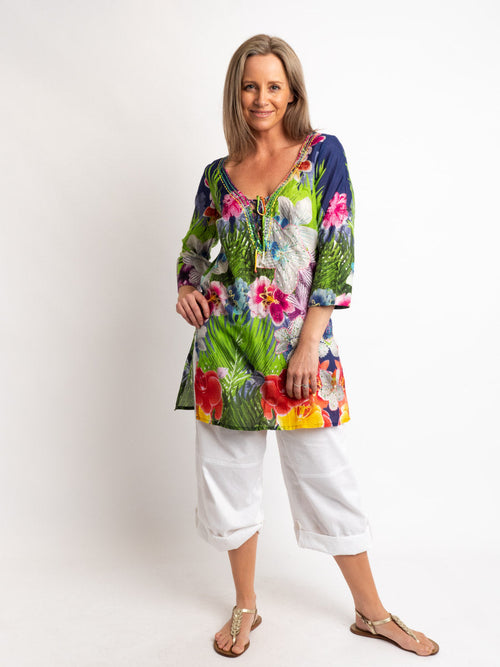 V-neck Long Kurta Style Top in Multi Floral