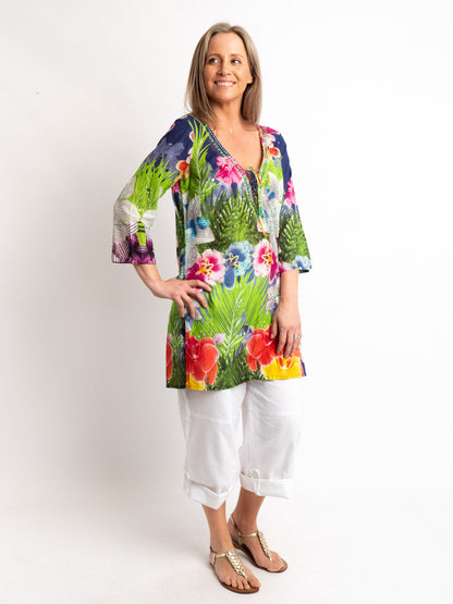 V-neck Long Kurta Style Top in Multi Floral
