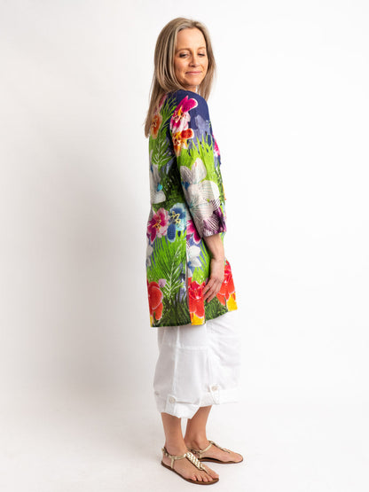V-neck Long Kurta Style Top in Multi Floral