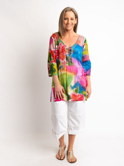V-neck Long Kurta Style Top in Multi Pastels