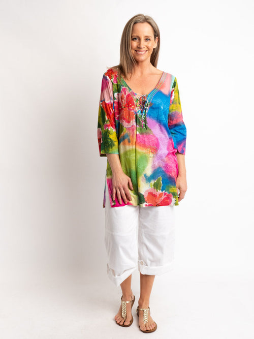 V-neck Long Kurta Style Top in Multi Pastels