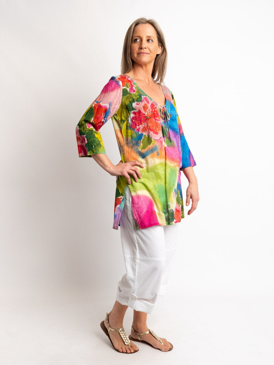 V-neck Long Kurta Style Top in Multi Pastels