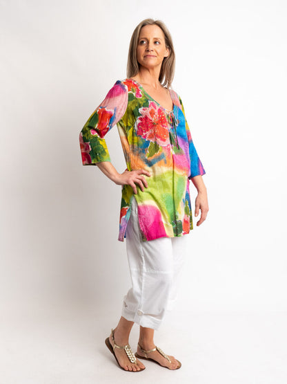 V-neck Long Kurta Style Top in Multi Pastels