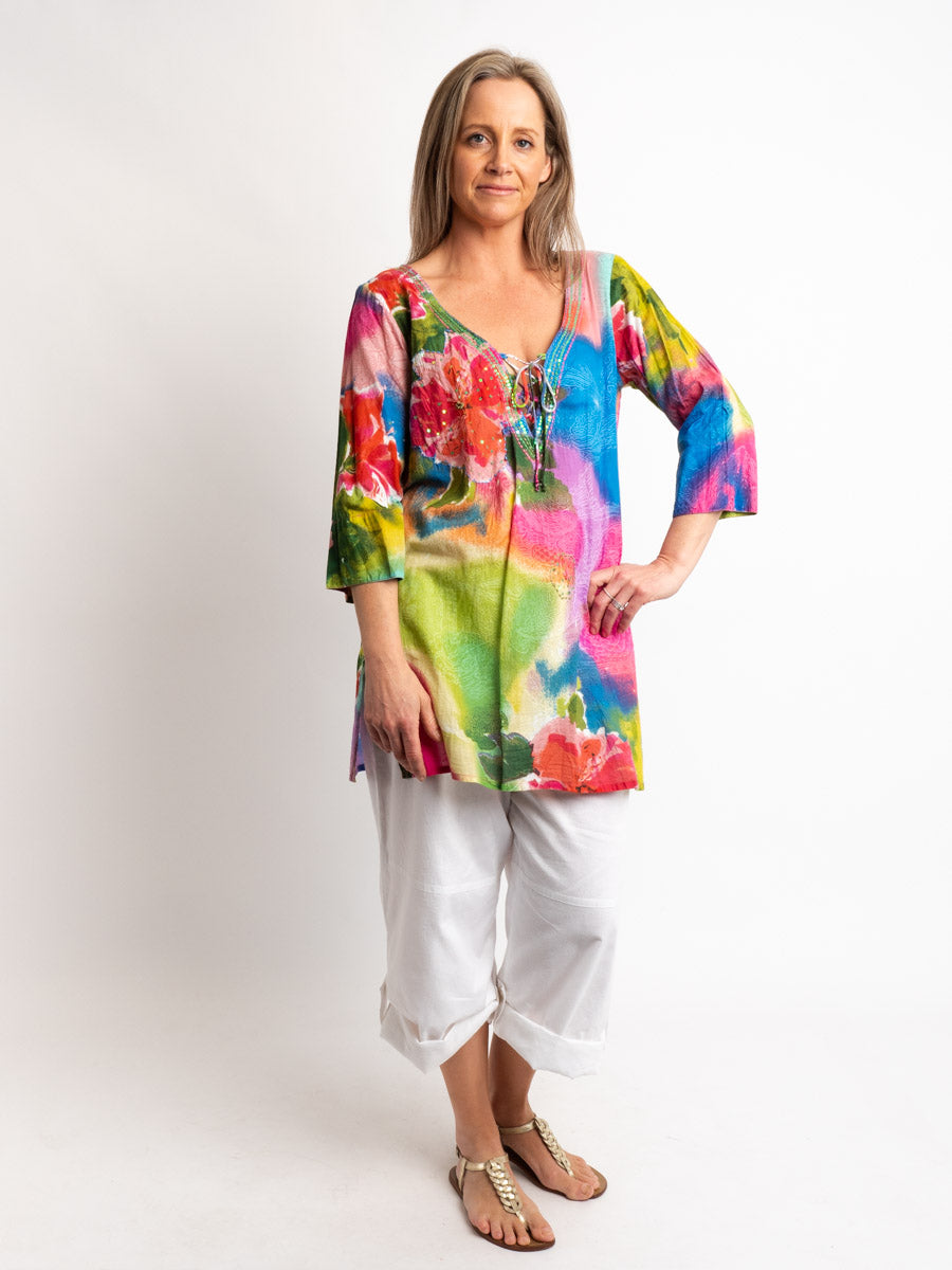 V-neck Long Kurta Style Top in Multi Pastels
