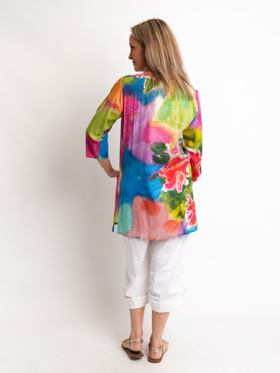 V-neck Long Kurta Style Top in Multi Pastels