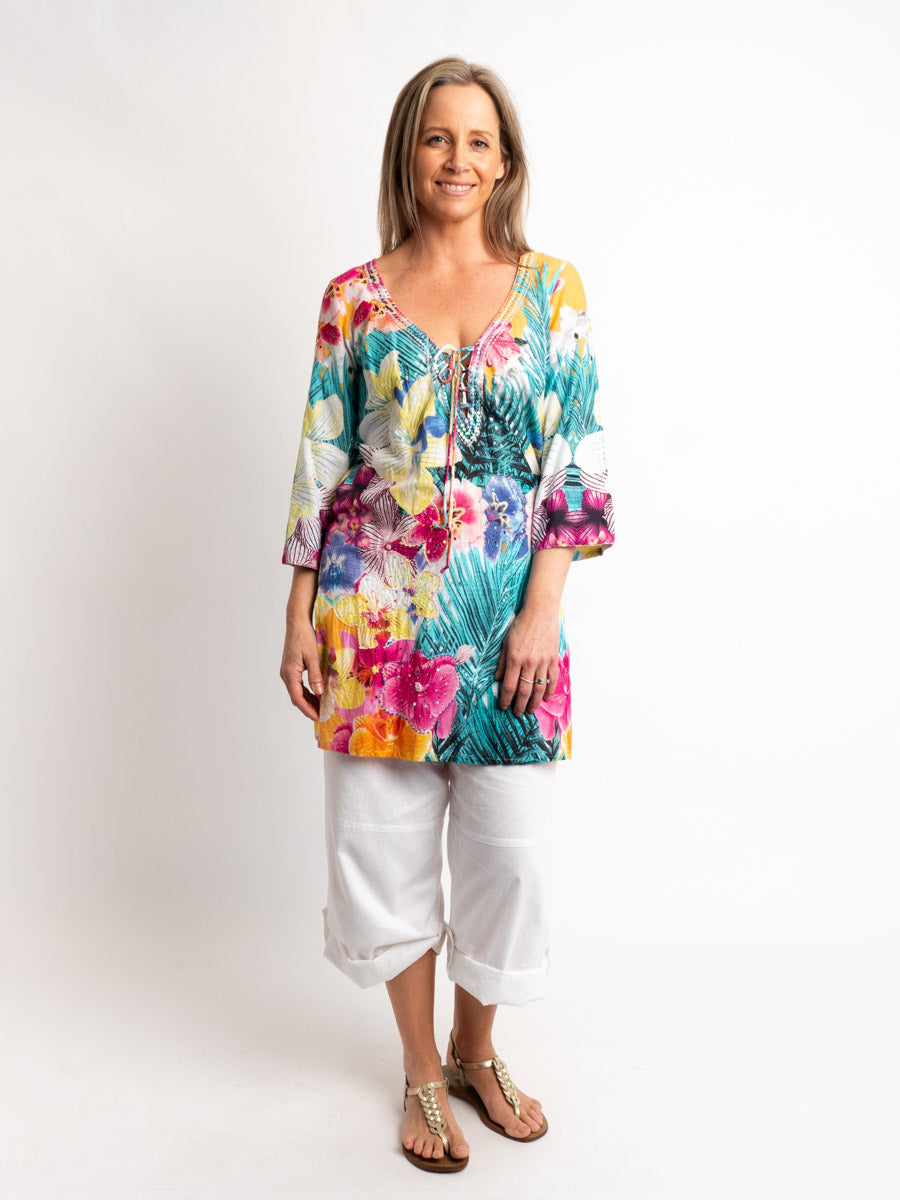 V-neck Long Kurta Style Top in Multi Floral Embroidered Print