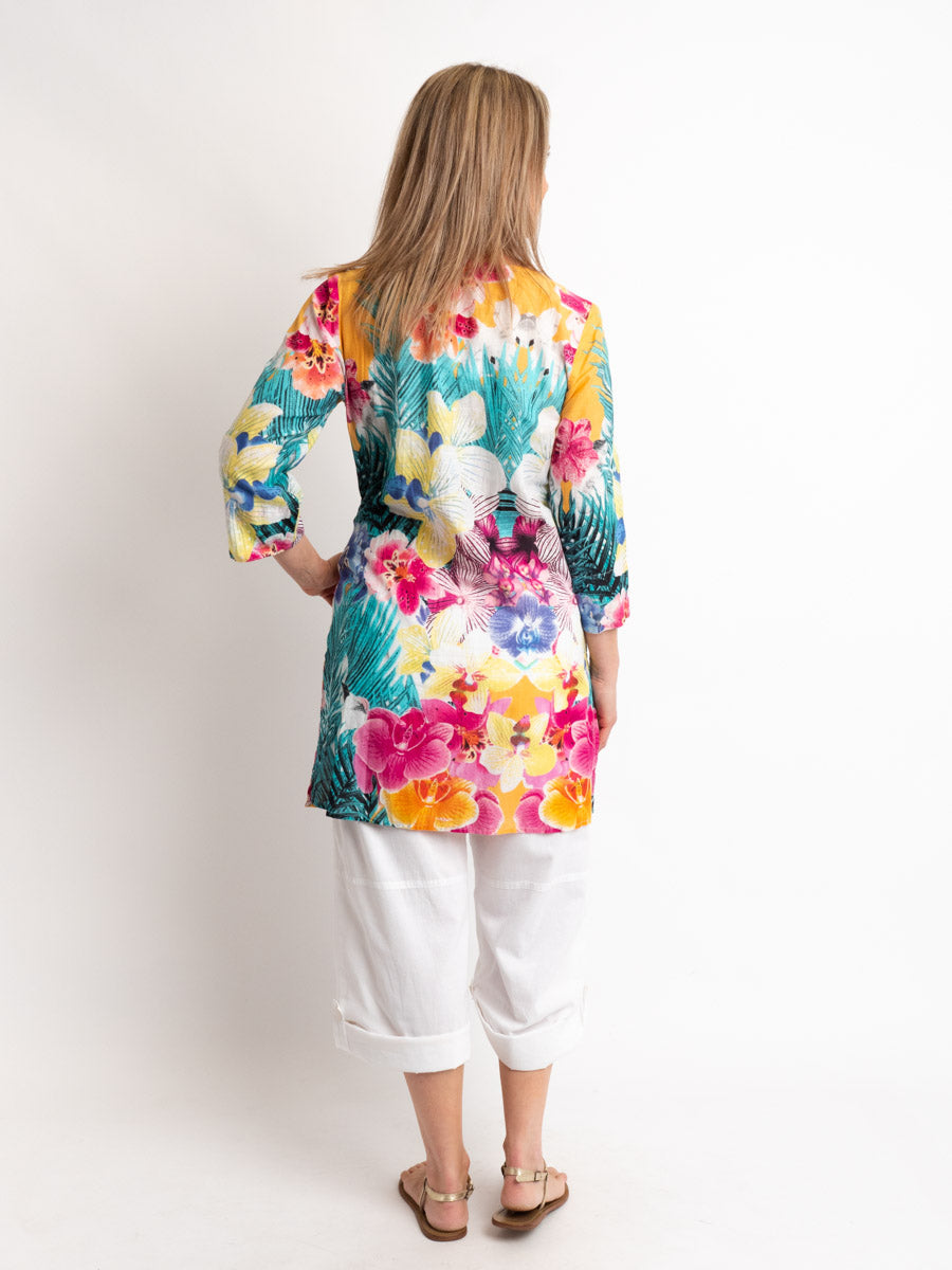 V-neck Long Kurta Style Top in Multi Floral Embroidered Print