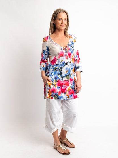V-neck Long Kurta Style Top in Pink and Blue Floral