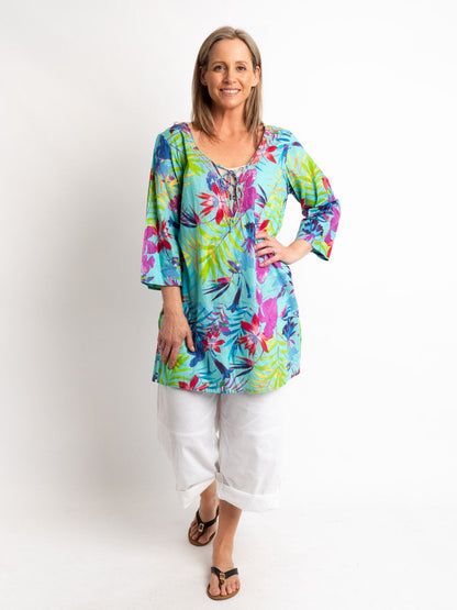 V-neck Long Kurta Style Top in Turquoise Tropical