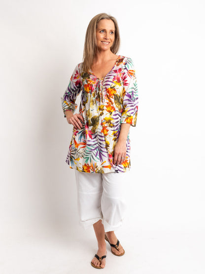 V-neck Long Kurta Style Top in White Tropical