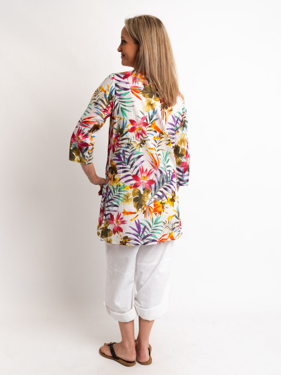 V-neck Long Kurta Style Top in White Tropical