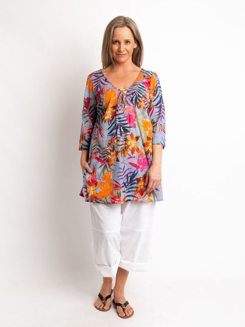 V-neck Long Kurta Style Top in Blue Grey Tropical