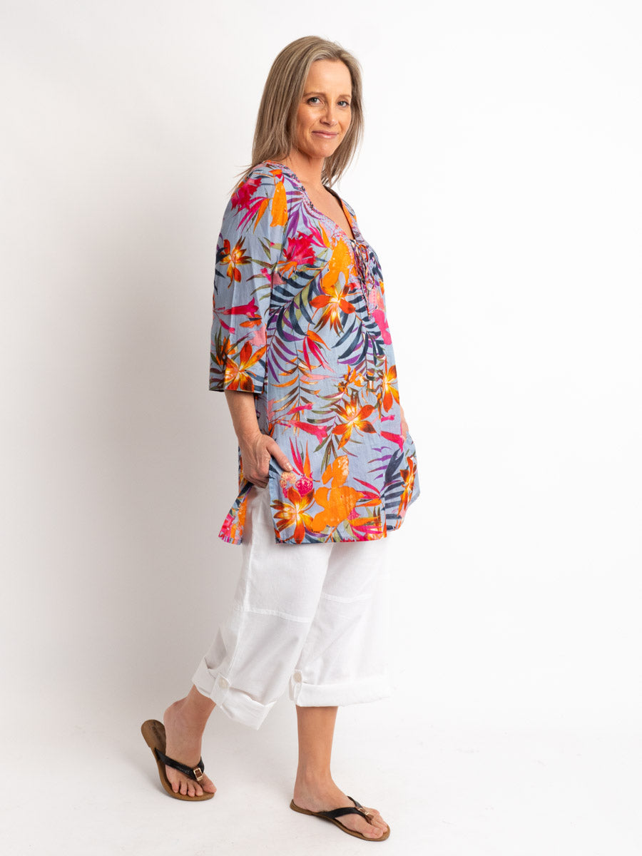 V-neck Long Kurta Style Top in Blue Grey Tropical