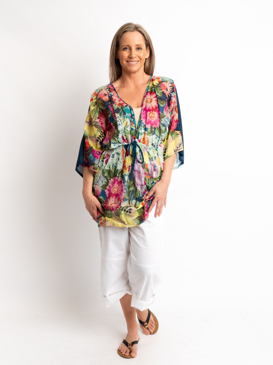 Poncho Style V-neck Top with Drawstring