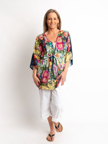 Poncho Style V-neck Top with Drawstring