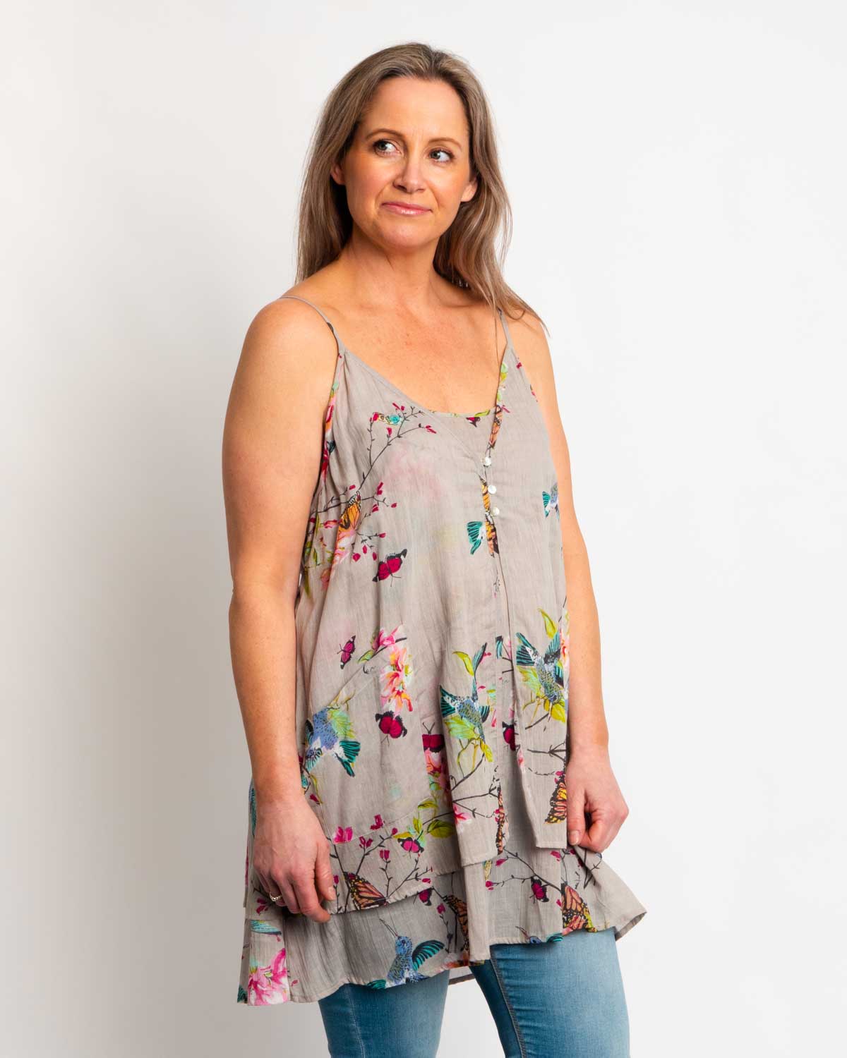 Double layered singlet top in grey butterfly