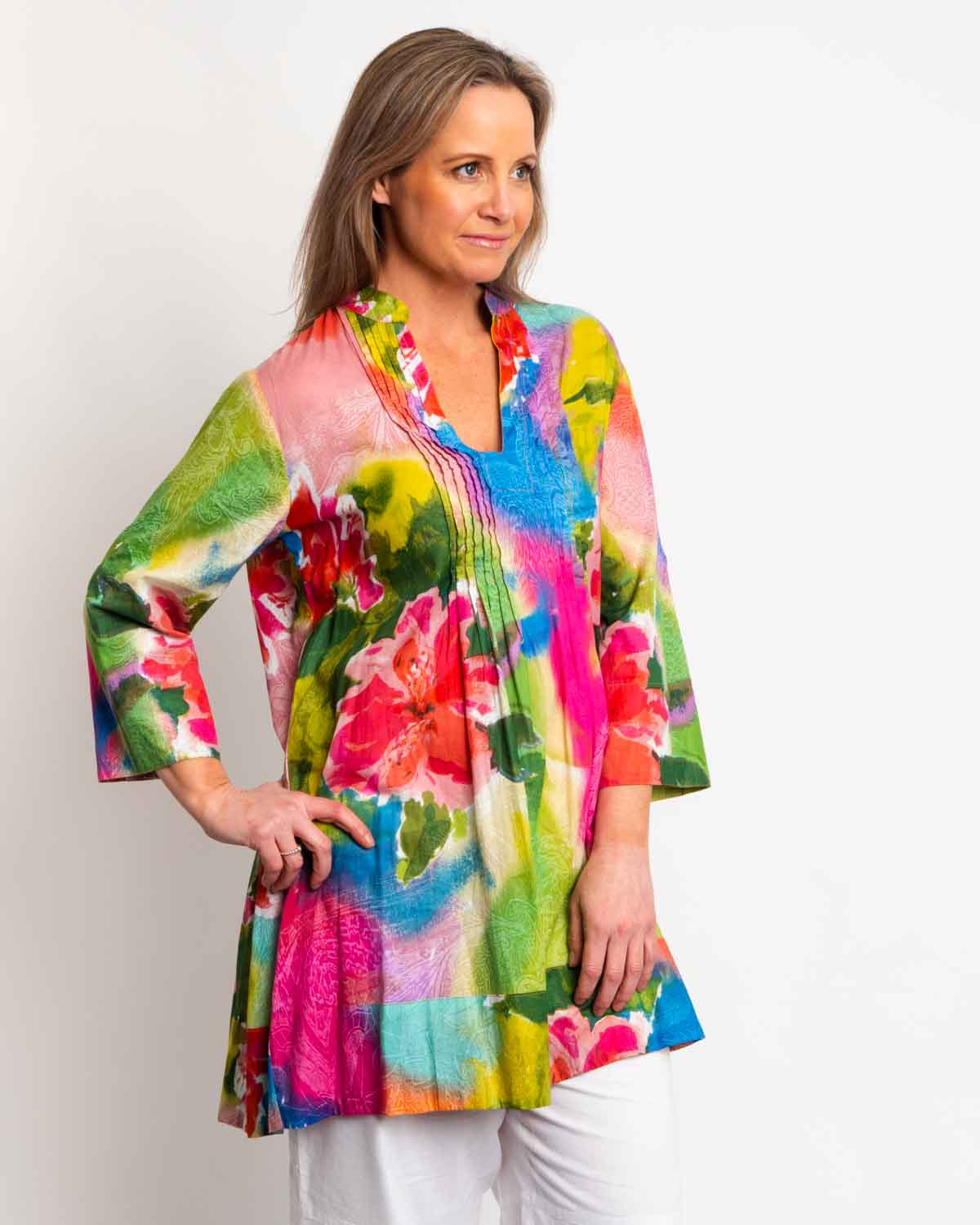 Pleated Long V-neck Top in Pink/Blue Pastel Print