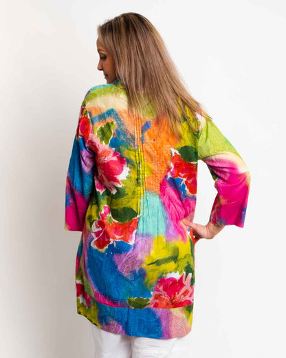 Pleated Long V-neck Top in Pink/Blue Pastel Print