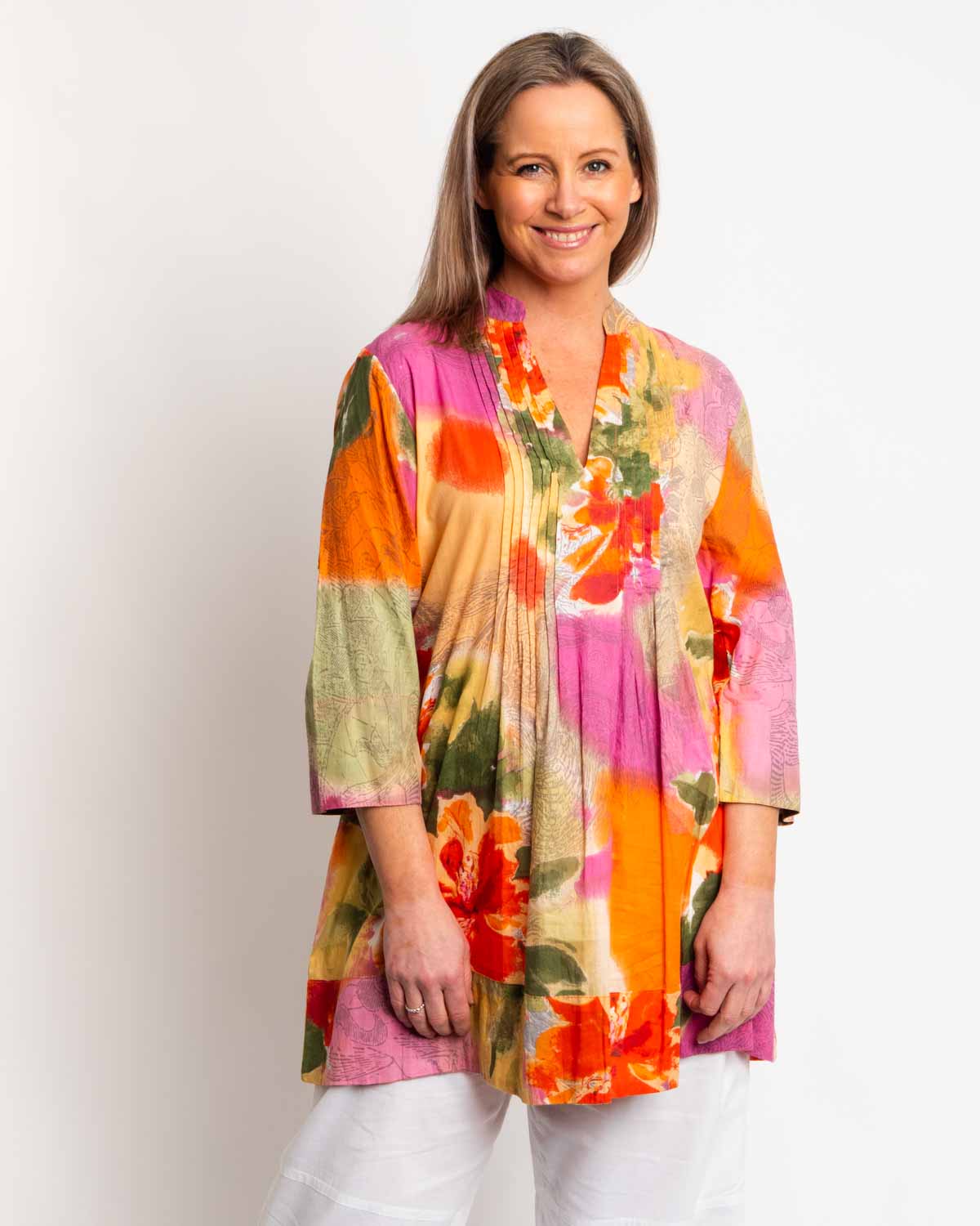 Pleated Long V-neck Top in Orange Pink Print