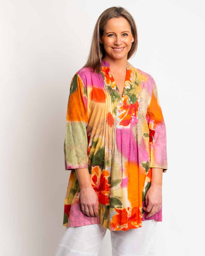 Pleated Long V-neck Top in Orange Pink Print