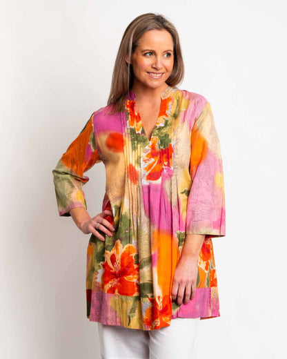 Pleated Long V-neck Top in Orange Pink Print