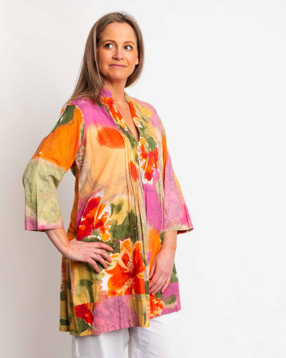 Pleated Long V-neck Top in Orange Pink Print