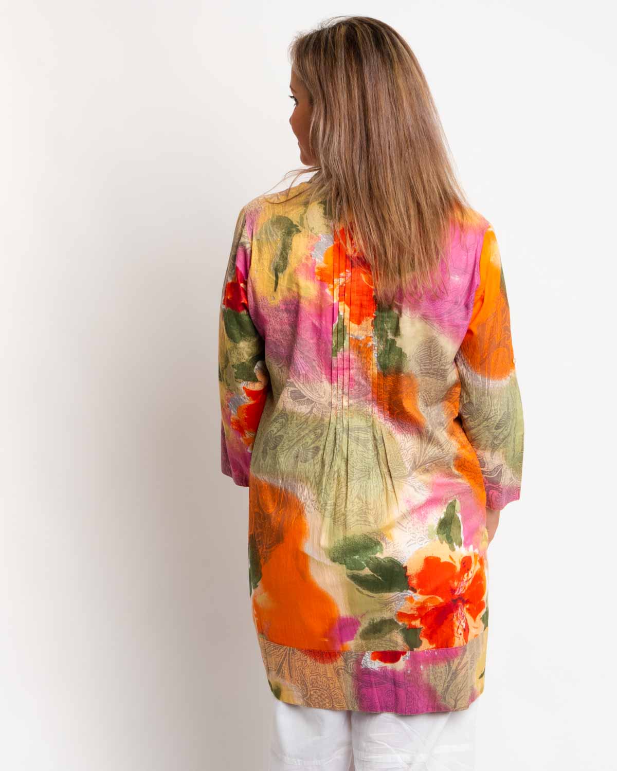 Pleated Long V-neck Top in Orange Pink Print