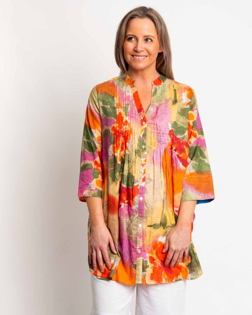 Long Pleated Shirt in Orange Pink