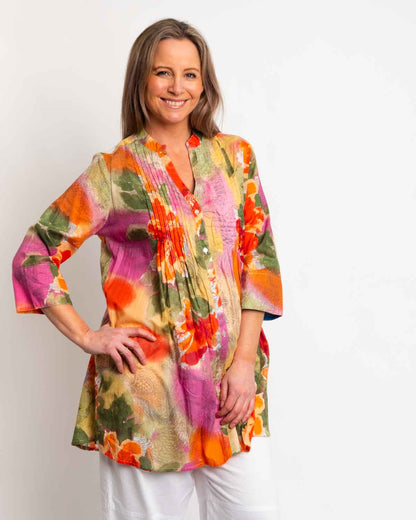 Long Pleated Shirt in Orange Pink
