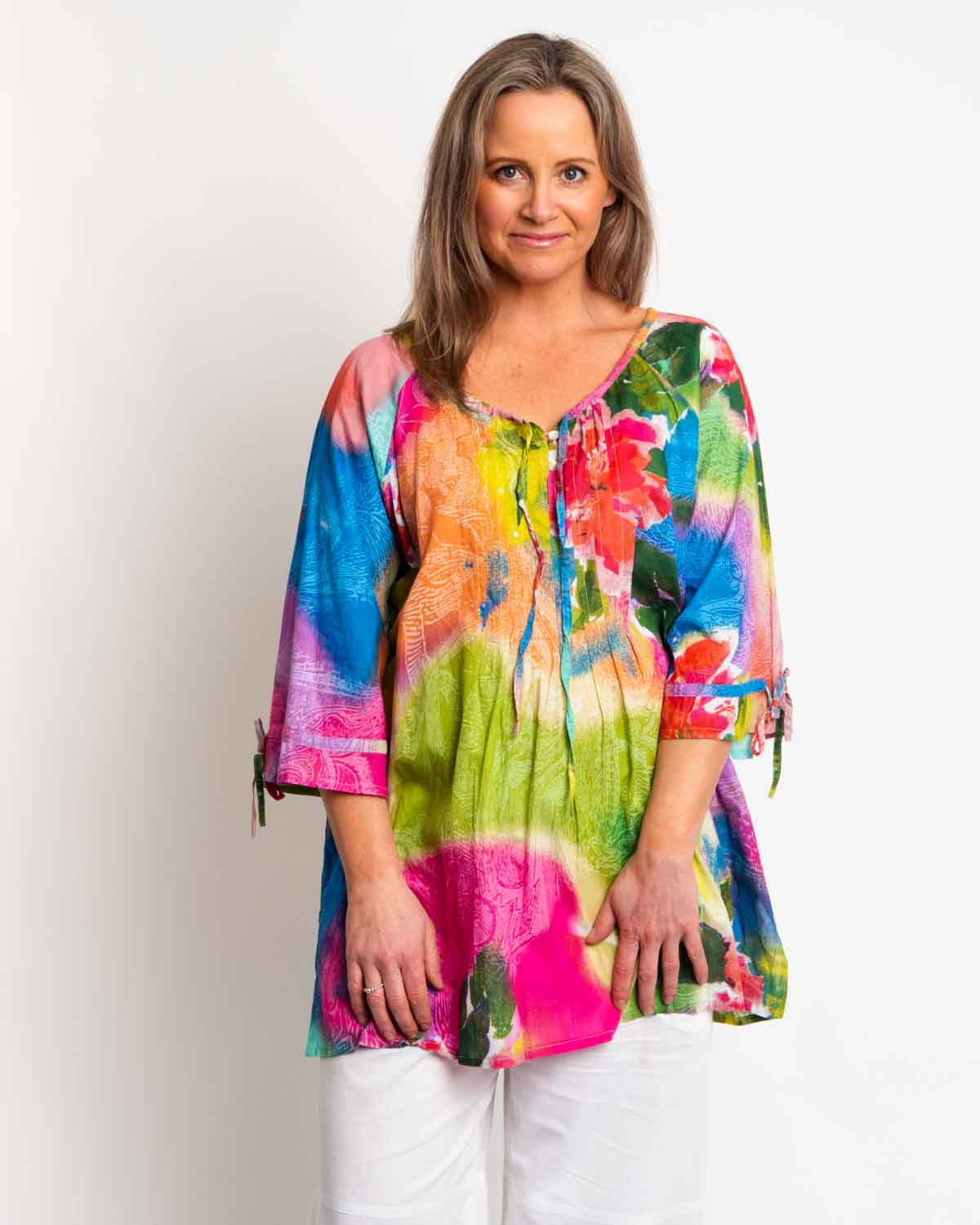 Pleated Round Neck Top in Pink/Blue Pastel print