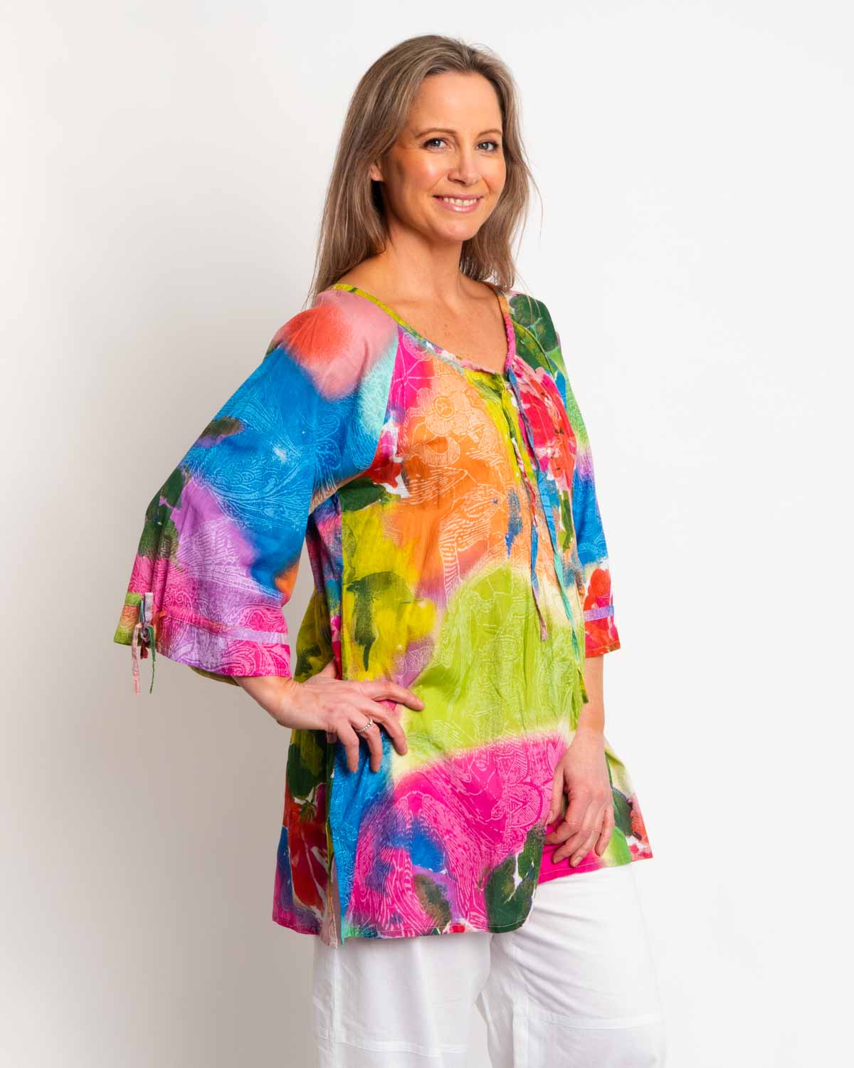 Pleated Round Neck Top in Pink/Blue Pastel print
