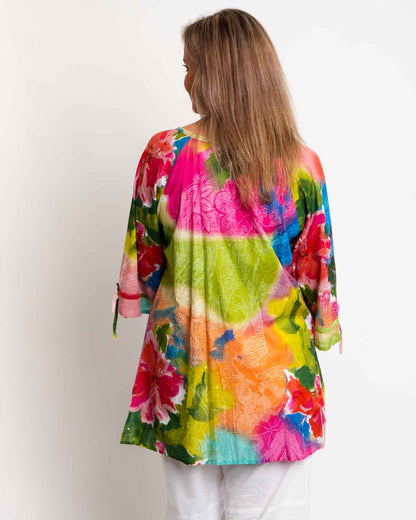 Pleated Round Neck Top in Pink/Blue Pastel print