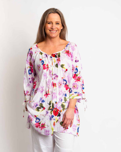 Pleated Round Neck Top in Lilac print on white background