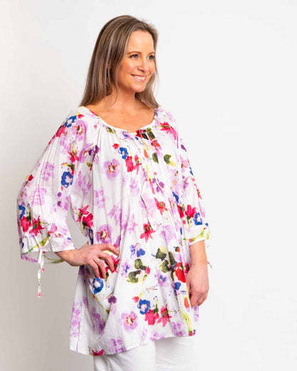 Pleated Round Neck Top in Lilac print on white background