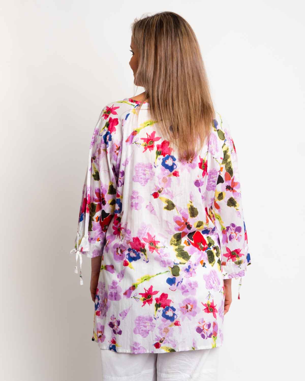 Pleated Round Neck Top in Lilac print on white background