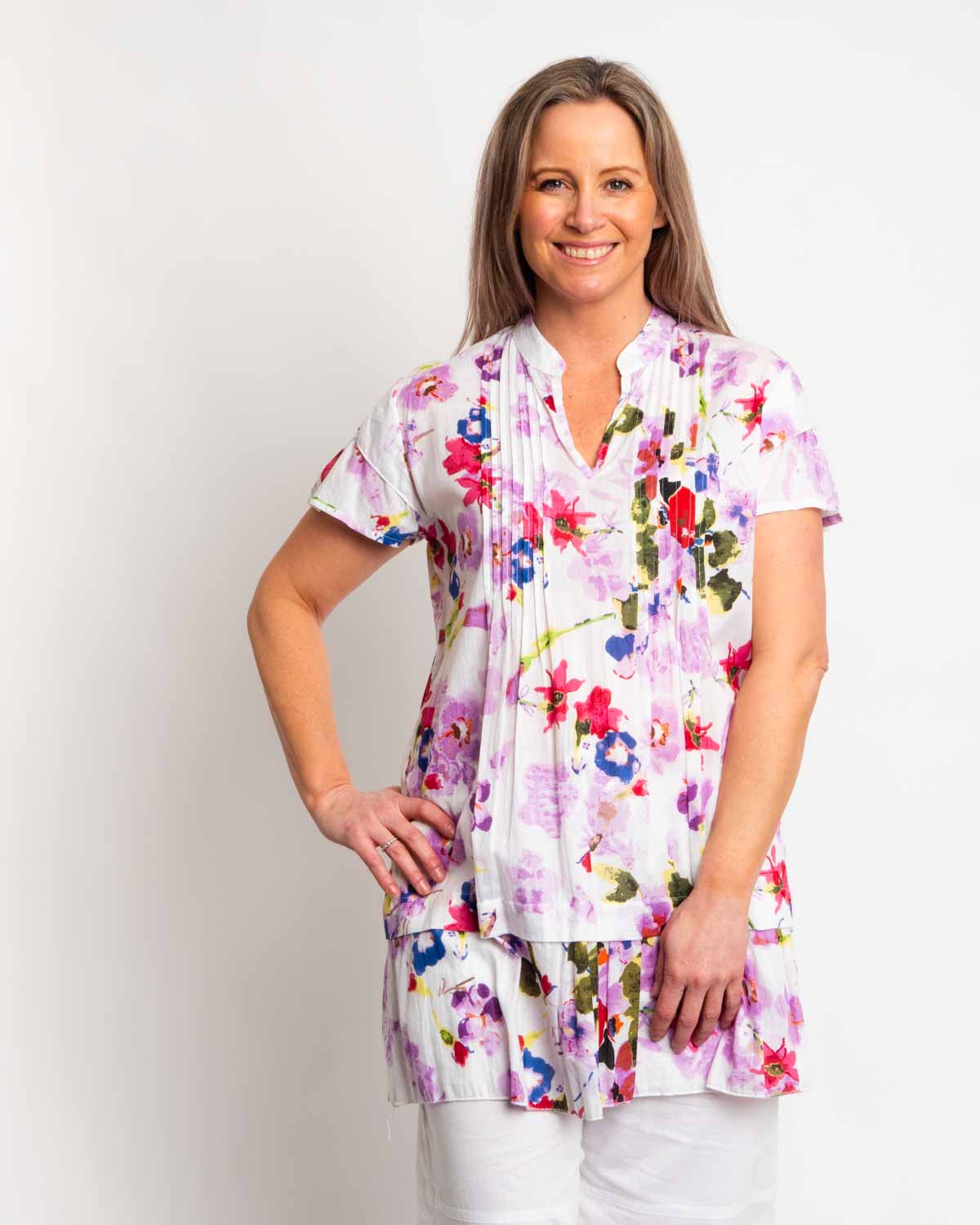 Pleated V-neck Tunic Top with Double Layer Cap Sleeve
